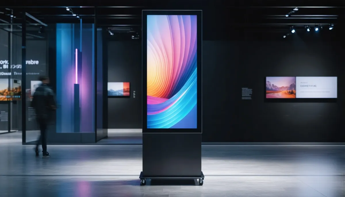 Vertical LED totem screen on wheels in a dark exhibition hall (AI-generated illustration)