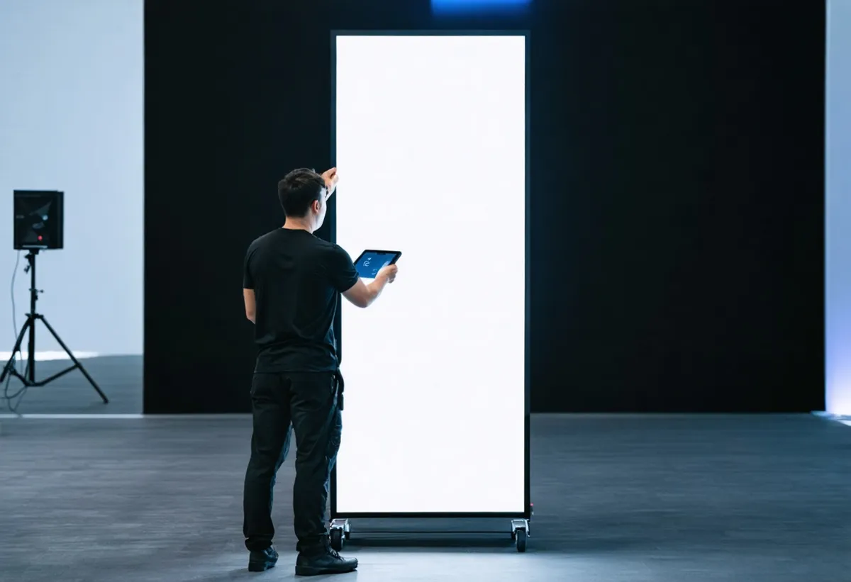 Technician adjusting a vertical LED totem on wheels with a tablet (AI-generated illustration)
