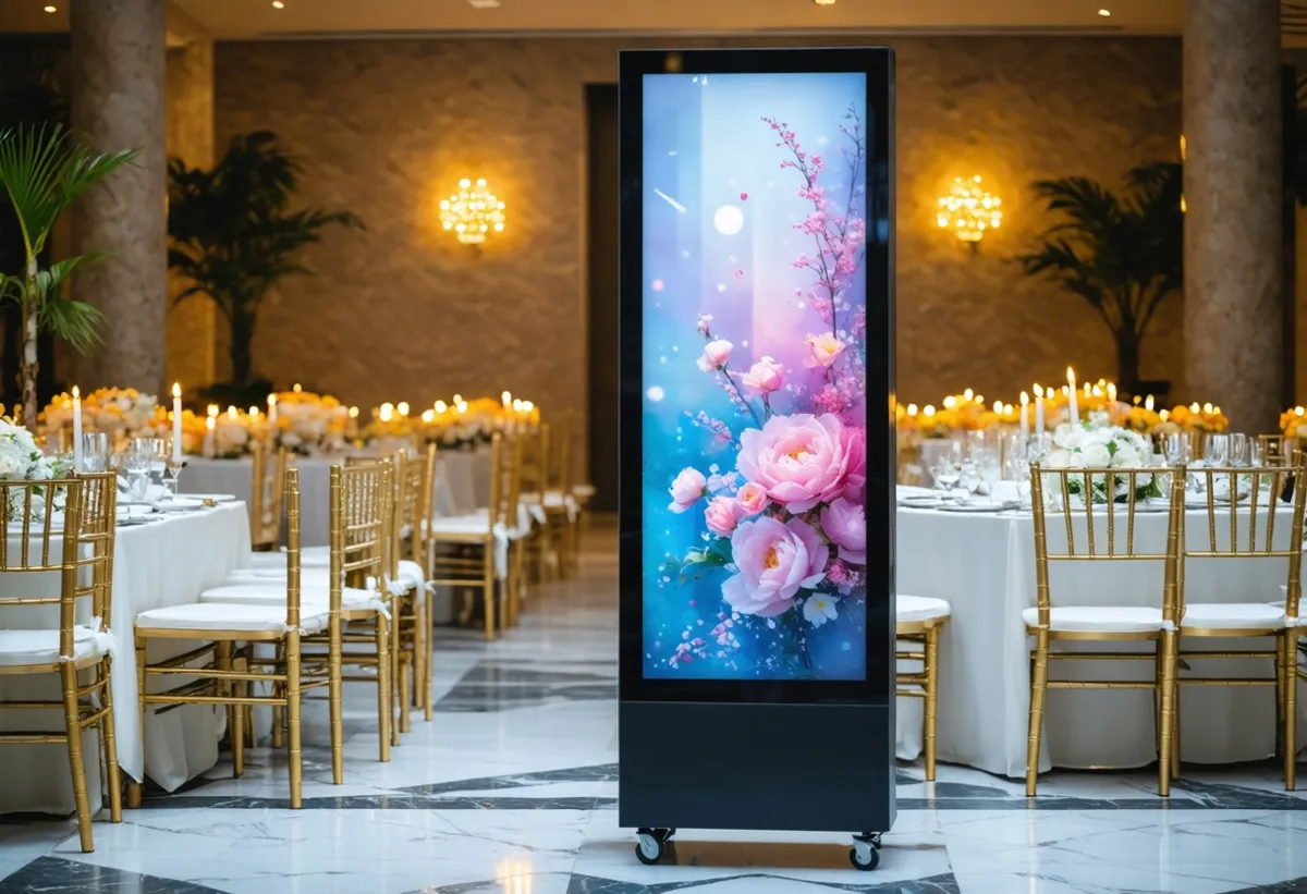 Vertical LED totem screen with floral visuals at a wedding reception entrance (AI-generated illustration)